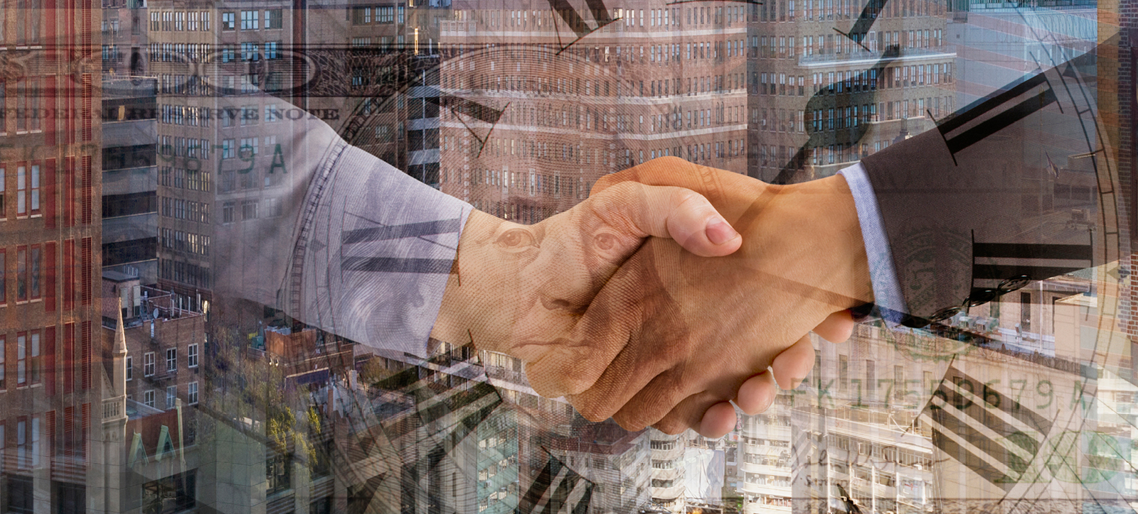 A close up on a handshake between two businesspeople wearing long-sleeve shirts. The background shows a clockface superimposed on a picture of a city landscape full of high rise buildings.