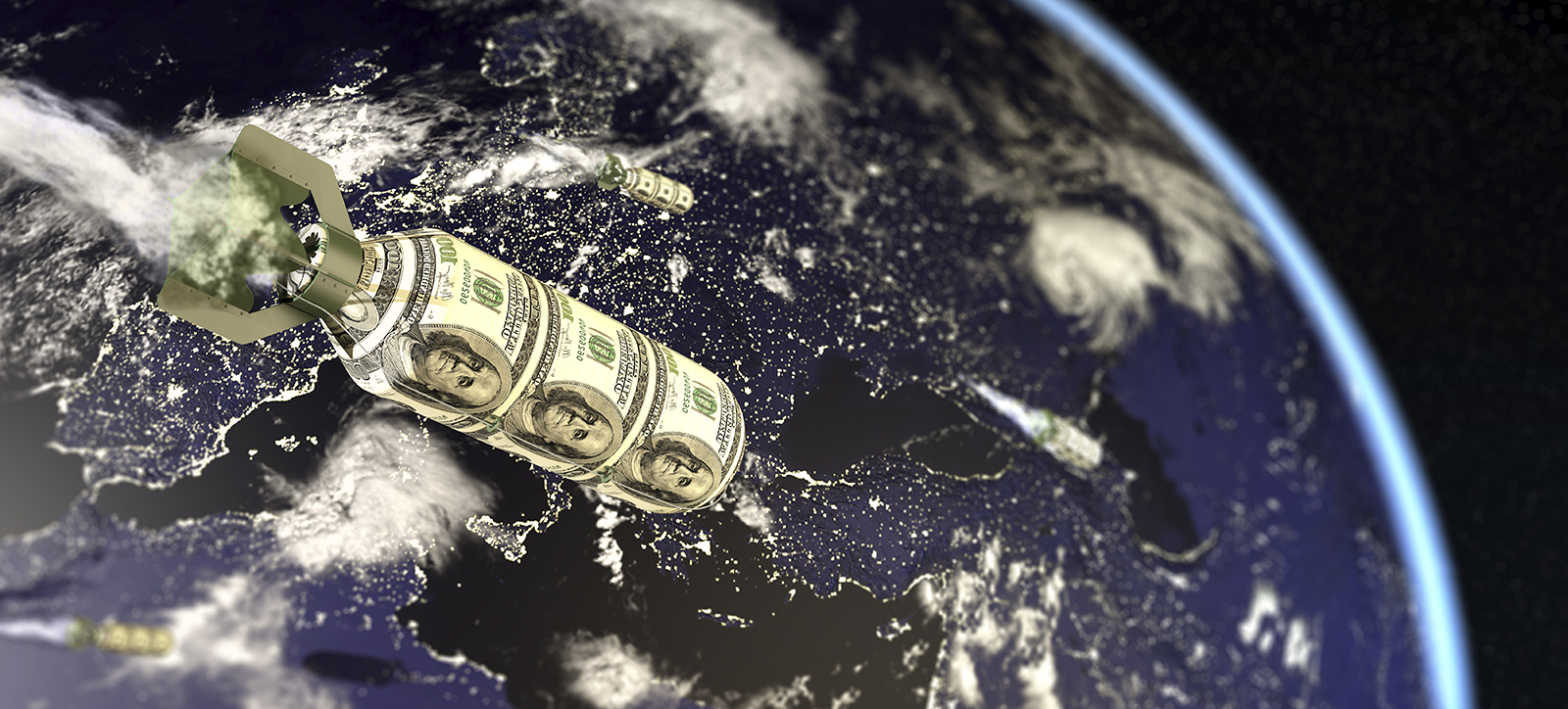 A bomb made of $100 bills is dropped from high above the planet onto a country below, representing the economic implications of sanctions.