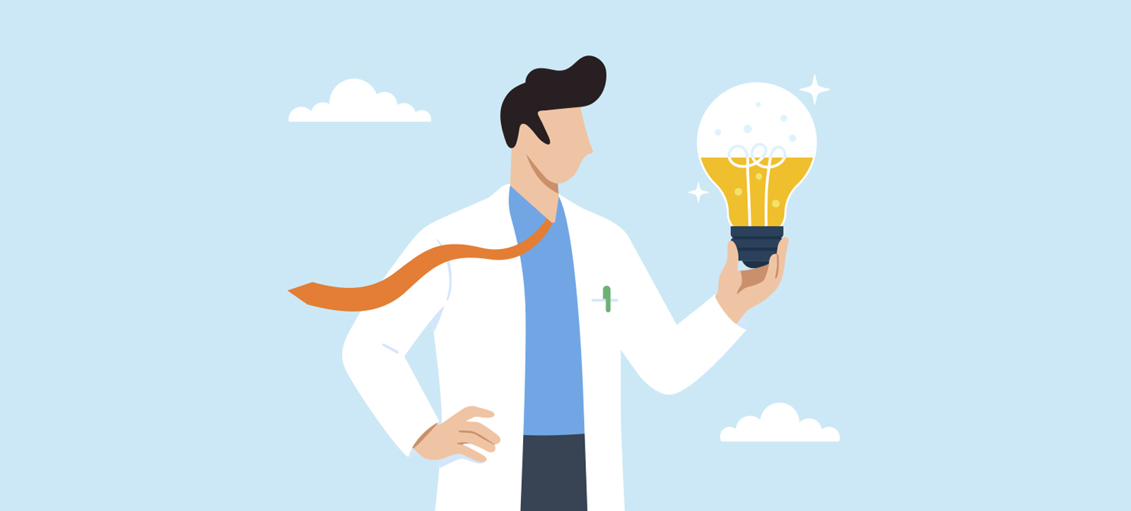 An illustration of a man wearing a lab coat over a shirt and tie. He is holding a scientific flask in the shape of a light bulb, which is half-fill with golden liquid.