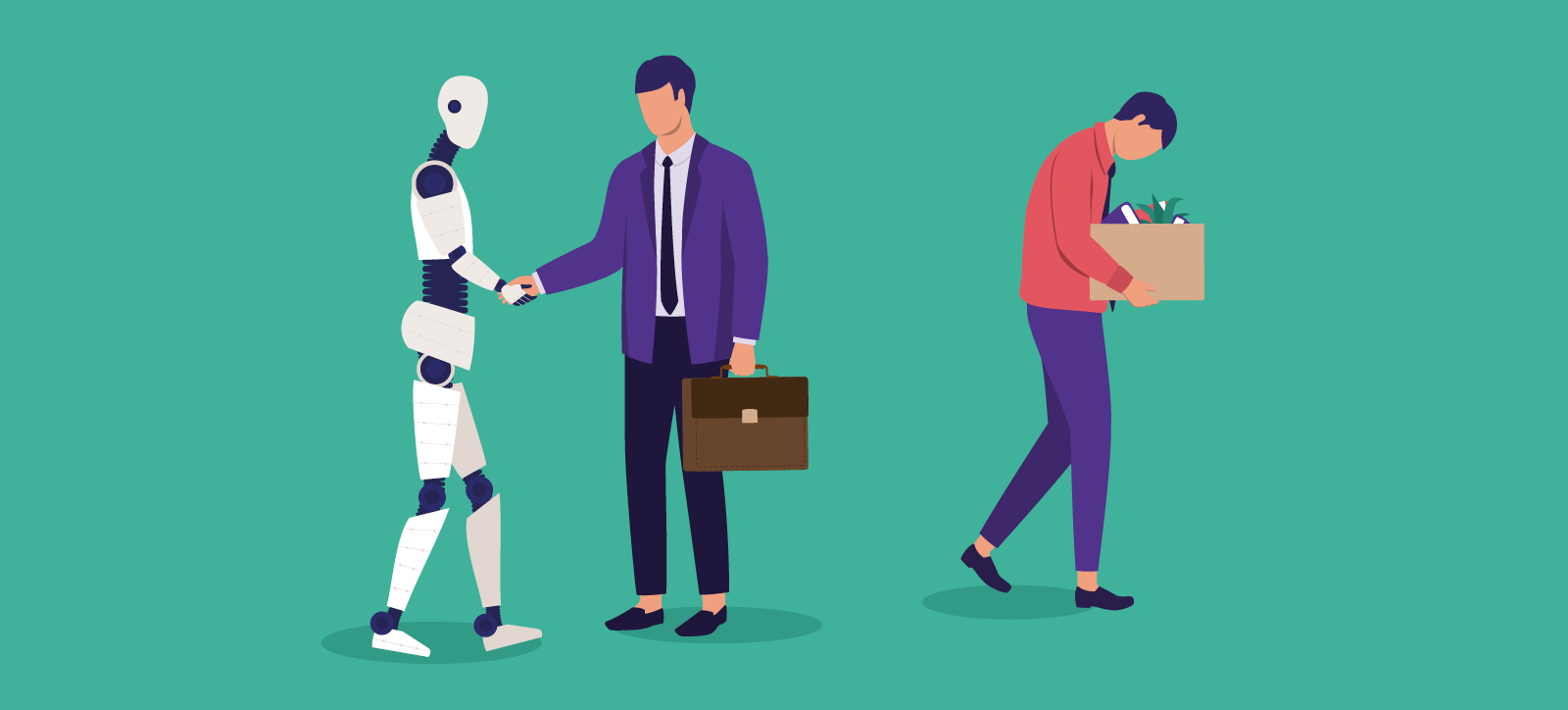 Illustration of a manager holding a brief case and shaking hands with an android as a new recruit. The human employee that the android replaced is walking away with hunched shoulders, looking downcast as he carries the items he has cleared from his desk in a cardboard box.