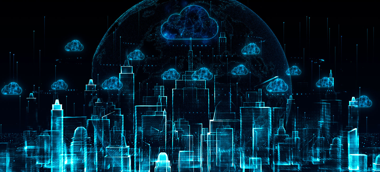 An image of a city skyline made up of computer code and data shared in the cloud, representing the potential and the risks of synthetic data.