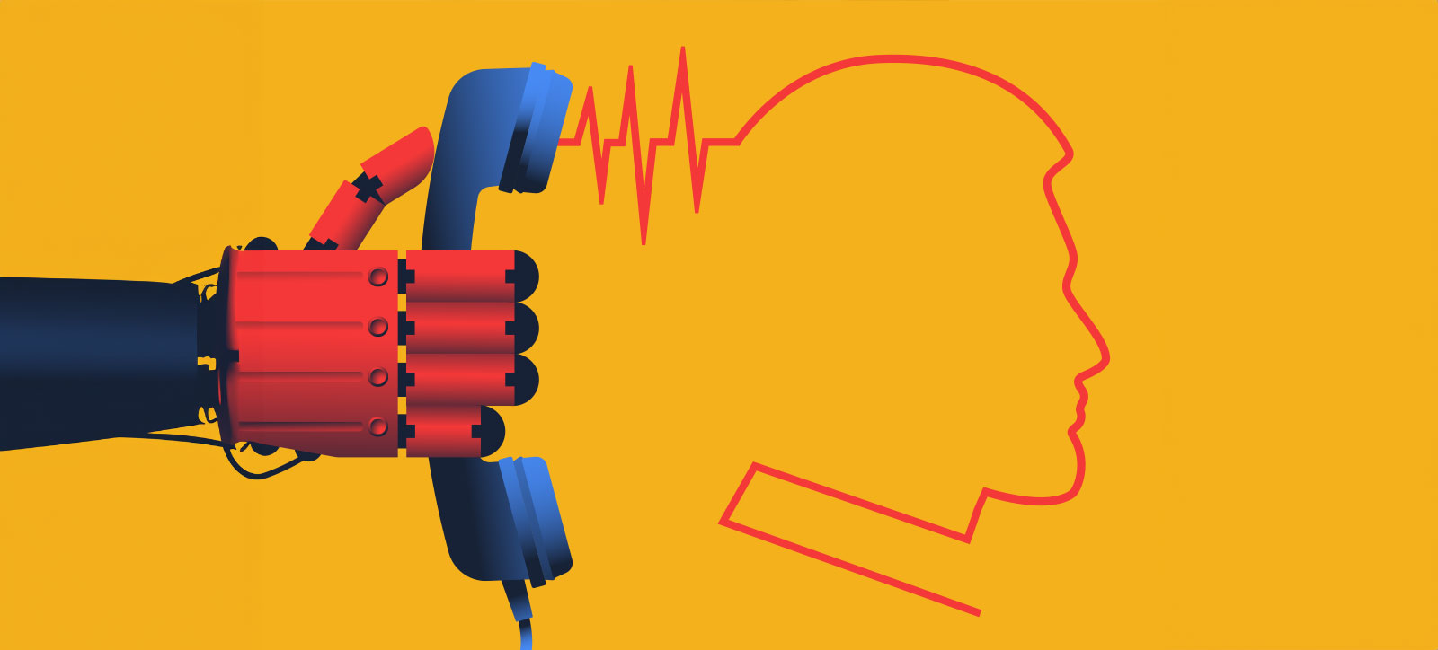 A robotic hand holds a telephone receiver. The sounds coming out of it forms a deepfake human head. A robotic hand holds a telephone receiver. The sounds coming out of it forms a deepfake human head.