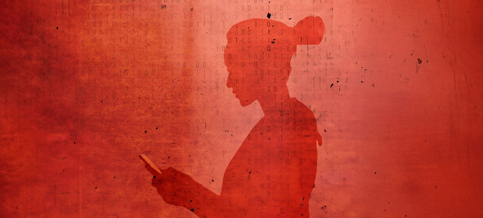The silhouette of a female worker in China typing on her mobile phone. It is set against a textured red backdrop with faint binary code evoking the Chinese tech industry. The silhouette of a female worker in China typing on her mobile phone. It is set against a textured red backdrop with faint binary code evoking the Chinese tech industry.