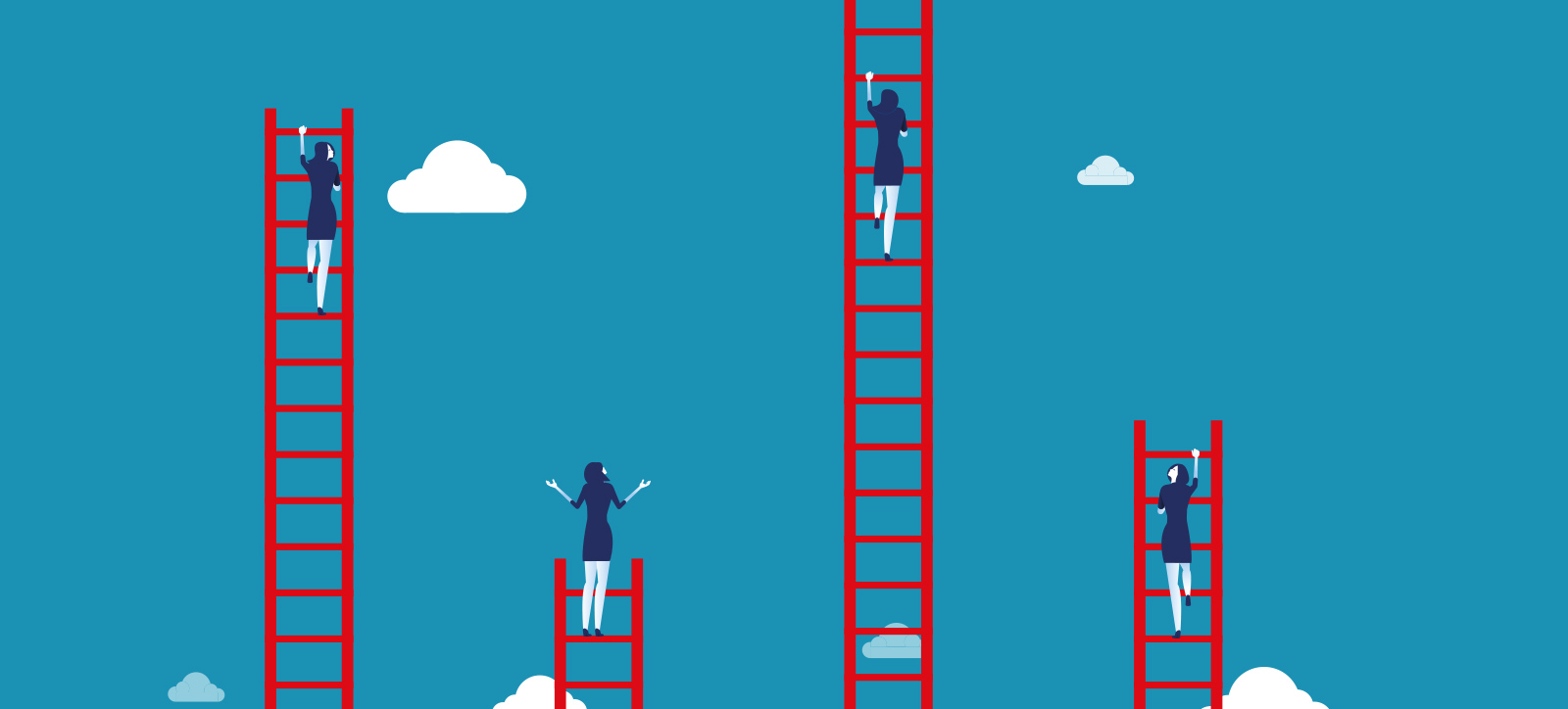 Women in business suits climb career ladders of differing heights, representing the additional obstacles to progression that working-class women face Women in business suits climb career ladders of differing heights, representing the additional obstacles to progression that working-class women face