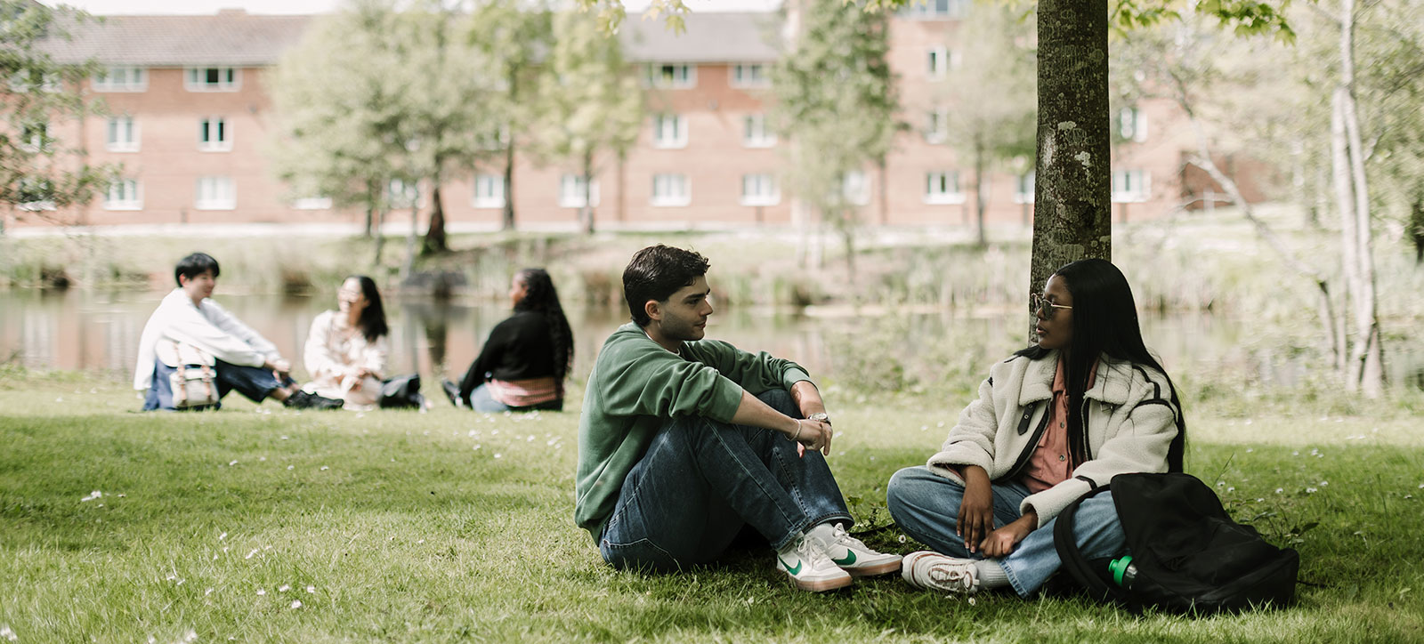 Master's students sitting on the grass beside a lake on the University of Warwick campus