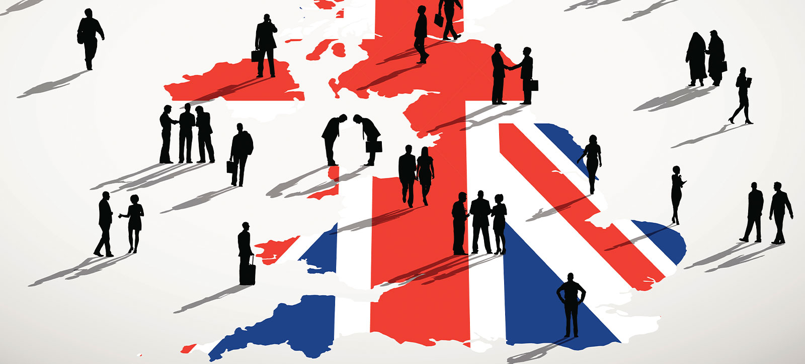 Silhouettes of businessmen and women in different locations across a map of the UK that is coloured like the Union Jack. Silhouettes of businessmen and women in different locations across a map of the UK that is coloured like the Union Jack.