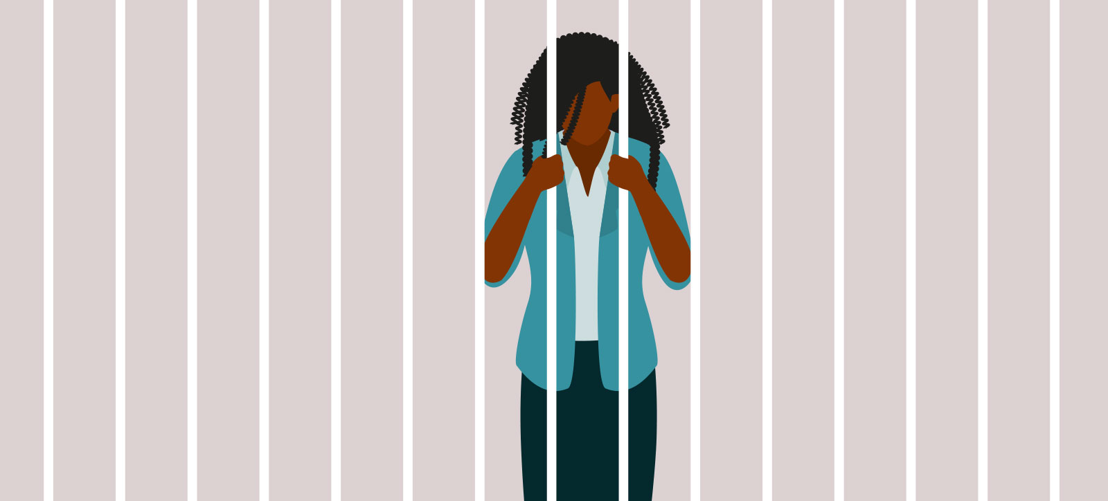 A graphical image of a black woman in smart business attire, stood behind prison bars. A graphical image of a black woman in smart business attire, stood behind prison bars.