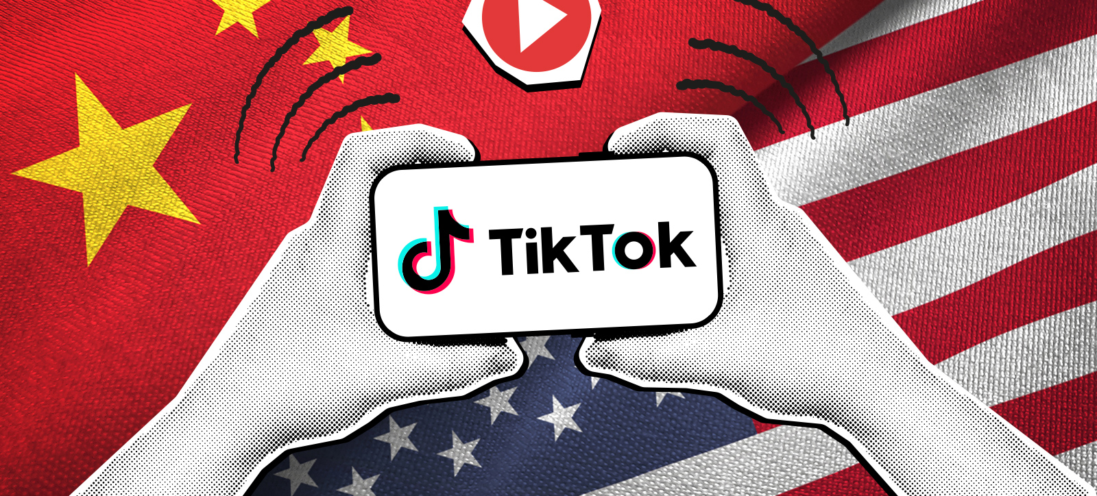 A pair of hands - in a black and white photographic style like they have been cut out of a newspaper - hold a mobile phone showing the TikTok logo. The background shows the US and Chinese flags A pair of hands - in a black and white photographic style like they have been cut out of a newspaper - hold a mobile phone showing the TikTok logo. The background shows the US and Chinese flags