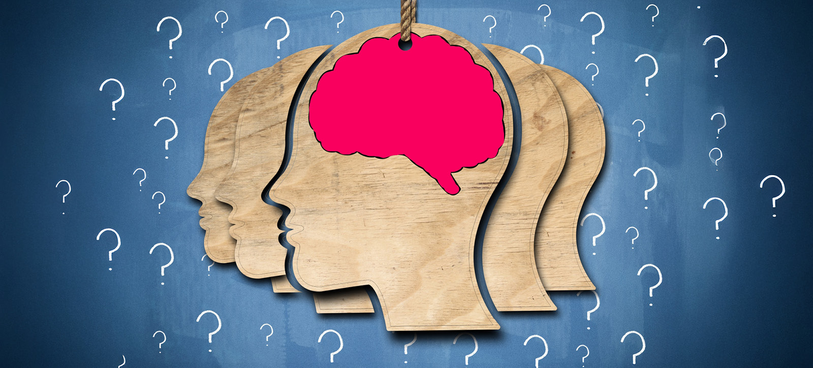 An outline image of a head, with the brain highlighted. It is flanked by more heads and the background is an illuminated blackboard with white questions drawn on in chalk.