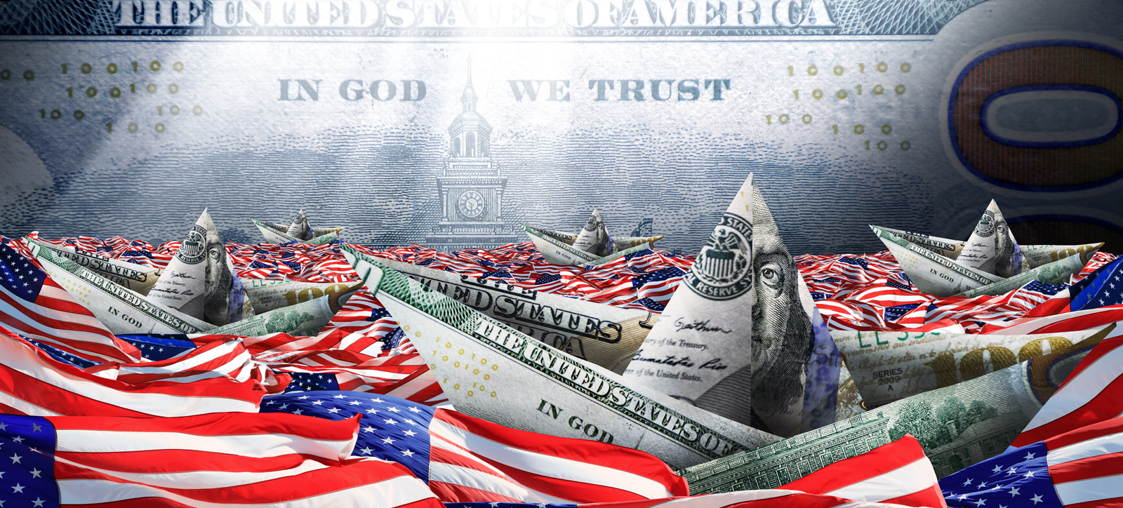 Origami boats made from dollar bills sail on an ocean of US flags. The background is a giant dollar bill emblazoned with the words 'In God We Trust' Origami boats made from dollar bills sail on an ocean of US flags. The background is a giant dollar bill emblazoned with the words 'In God We Trust'