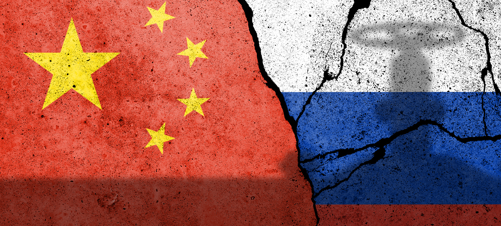 A mural of the Russia and Chinese flags on a cracked wall with the silhouette of a gas pipeline. A mural of the Russia and Chinese flags on a cracked wall with the silhouette of a gas pipeline.