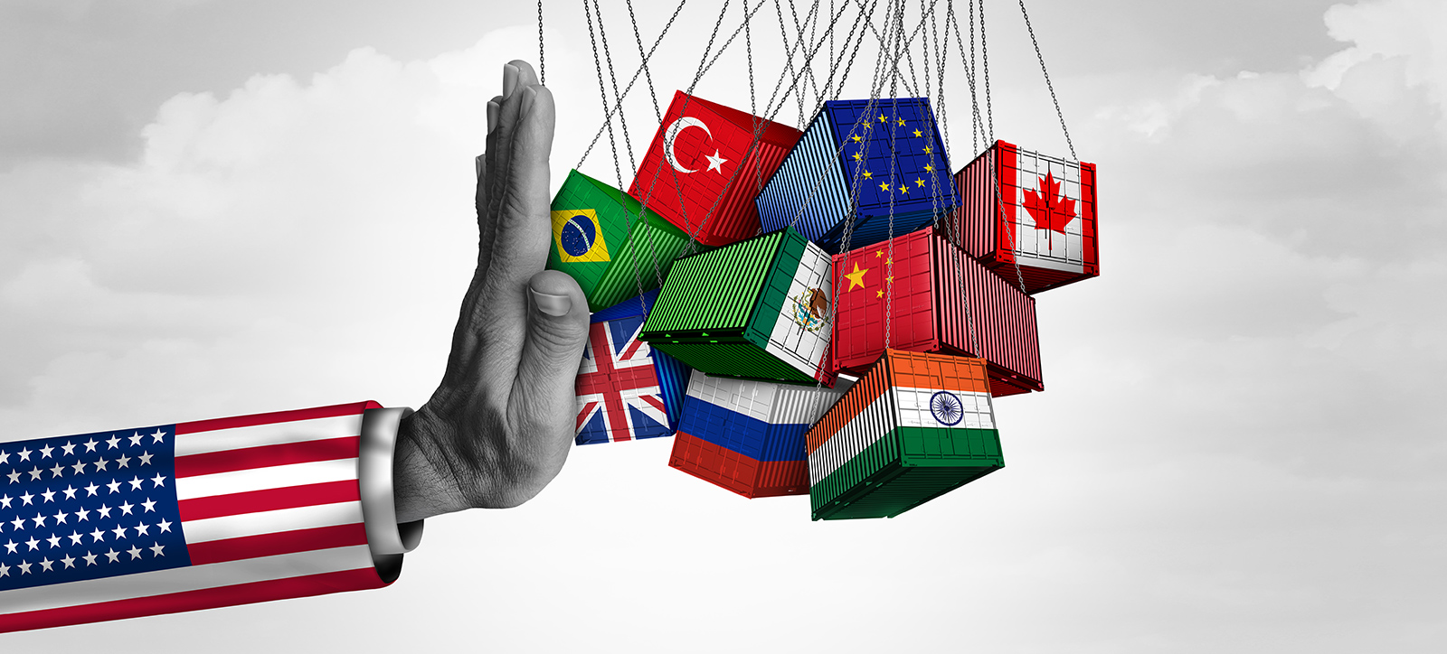 An illustration of a giant hand, is a suit jacket with a US flag decorating the sleeve, held out to stop shipping containers bearing the flags of America's leading trade partners, including the UK, China, the EU, India, Canada, Mexico, and Brazil
