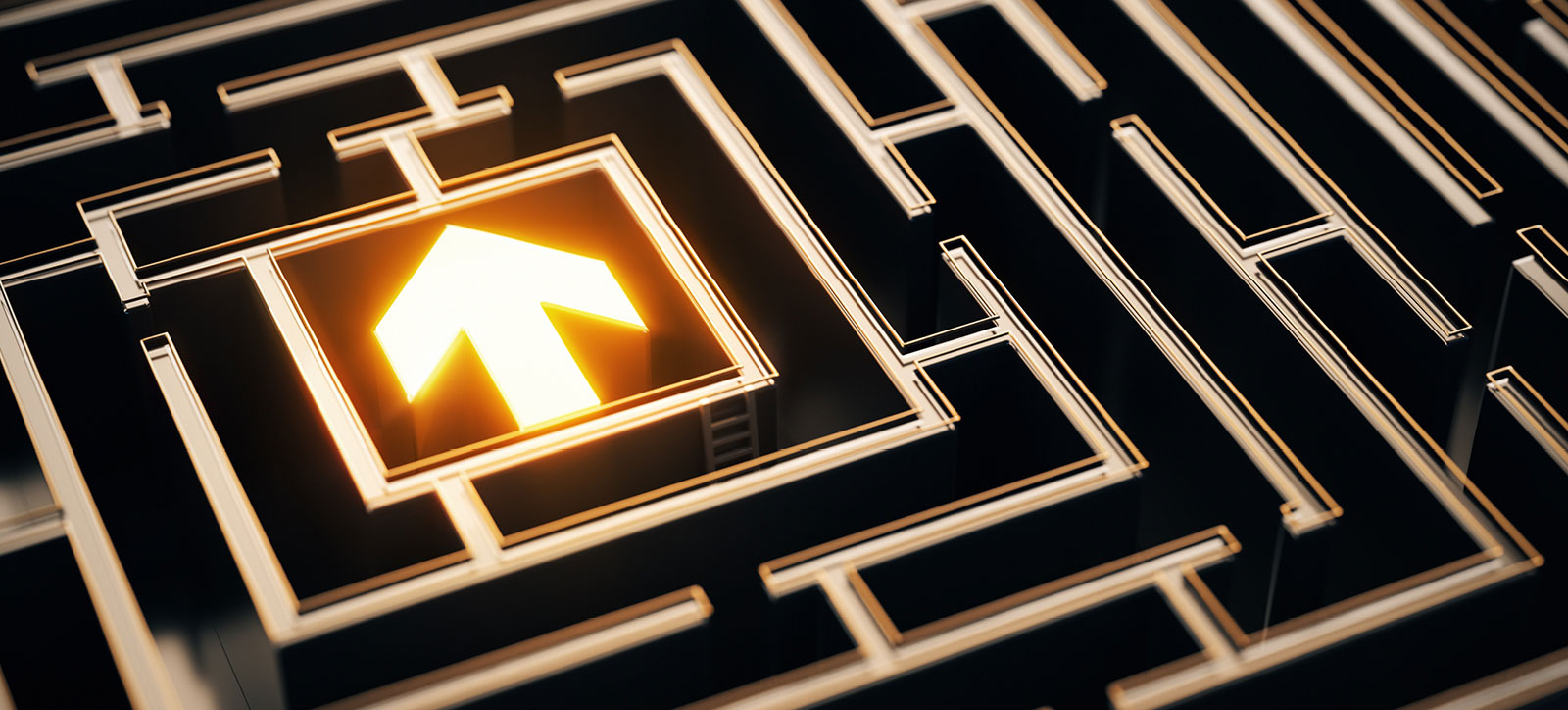 A darkened, metallic maze with a glowing arrow in the centre. There is no clear entrance to the central section of the maze, but a ladder leans against one of the exterior walls, suggesting that someone has found another way in.