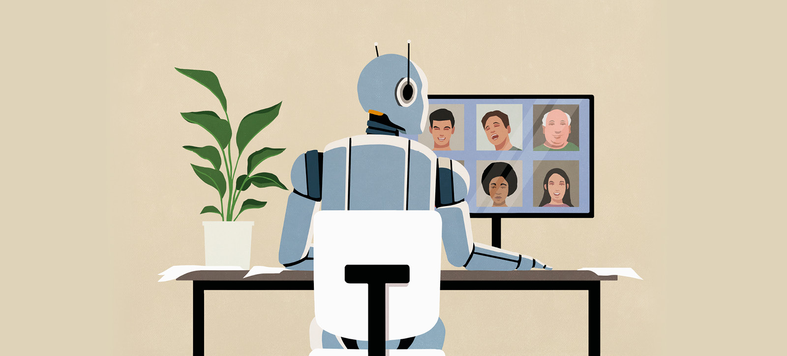 Illustration of a robot sitting at a desk, conducting a meeting with teammates on a computer screen.