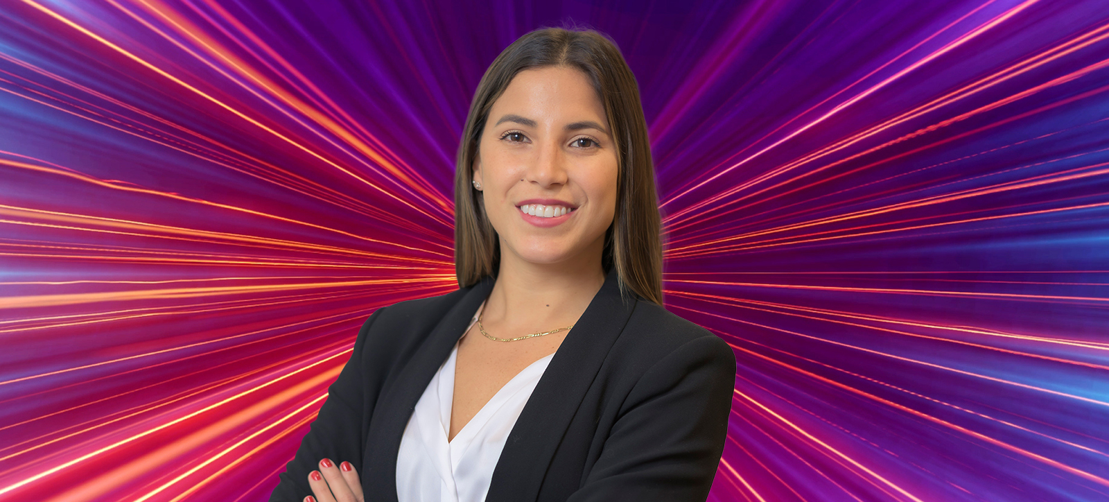 A young, female professional poses with her arms crossed against a red and purple background that converges towards a vanishing point, visually suggesting accelerated movement.