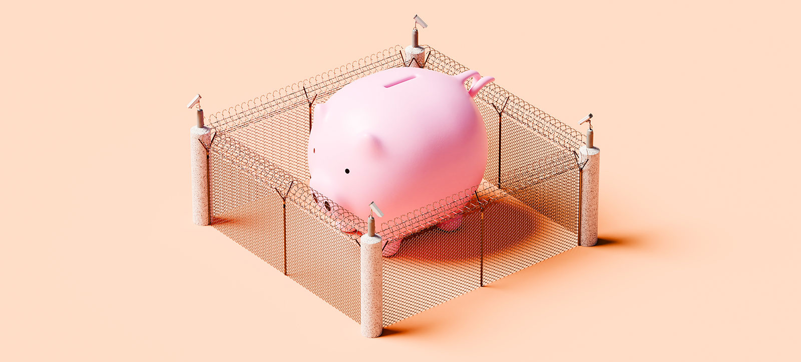 A large pink piggy bank surrounded by security fencing and watchtowers, representing a ringfence. The image is on a soft pink or peach coloured background
